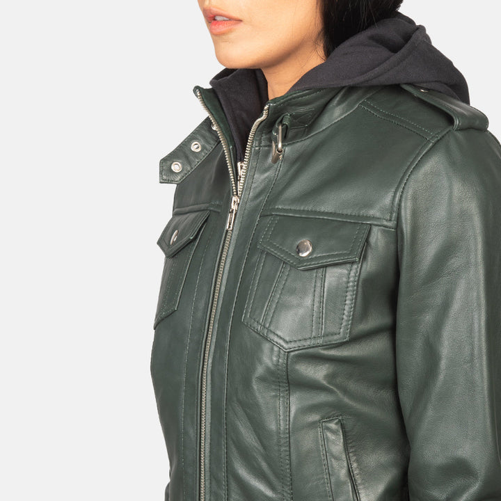 Roslyn Green Hooded Leather Bomber Jackets - Image 3