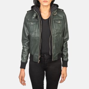 Roslyn Green Hooded Leather Bomber Jackets
