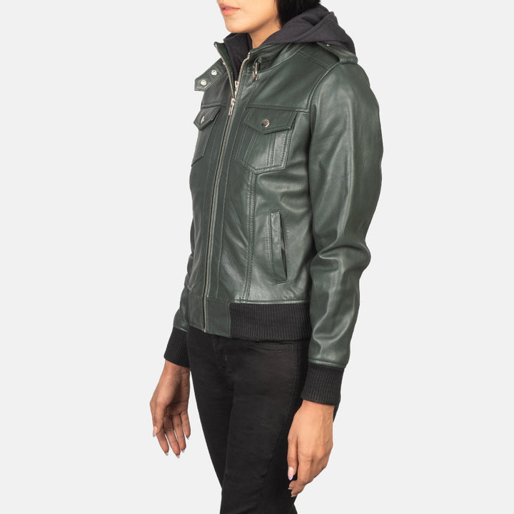 Roslyn Green Hooded Leather Bomber Jackets - Image 4