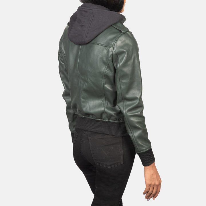 Roslyn Green Hooded Leather Bomber Jackets - Image 5