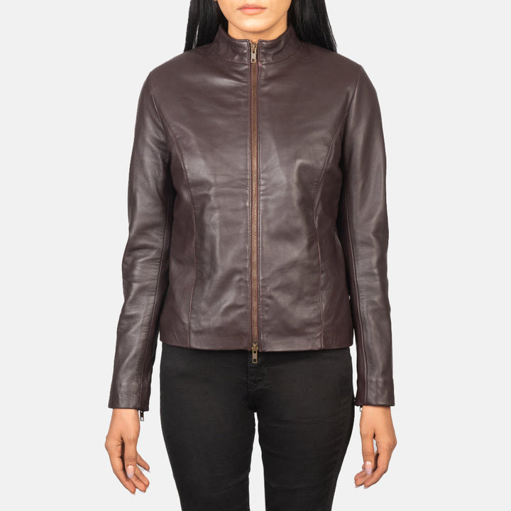 Rumella Maroon Leather Biker Jacket - Image 4