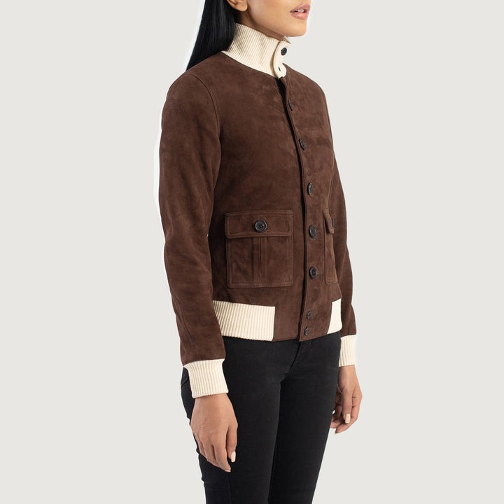 Sasha A1 Mocha Suede Bomber Jackets - Image 5