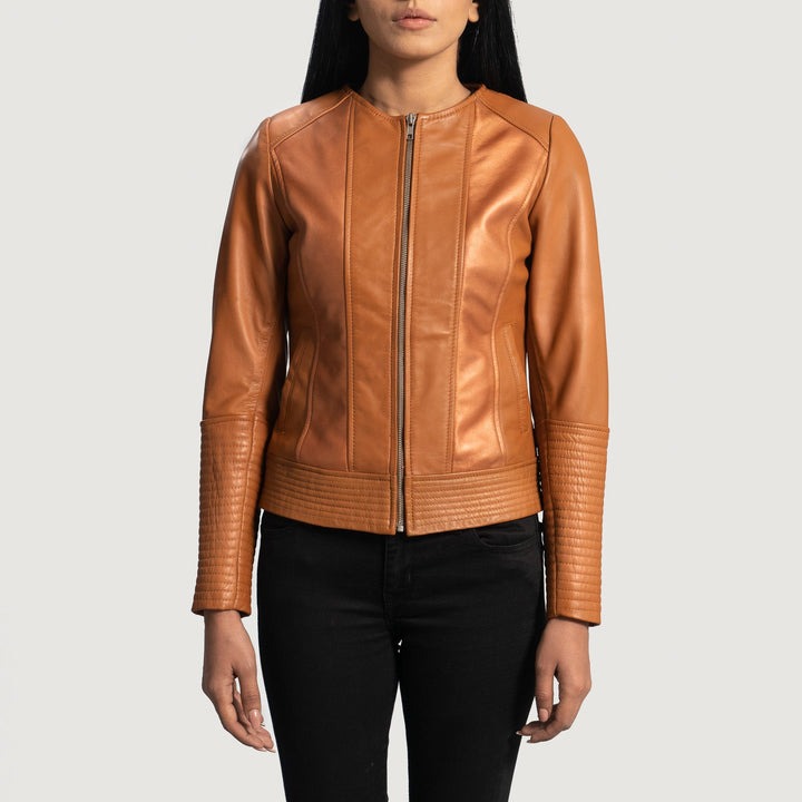 Sleeky Clean Tan Leather Biker Jackets - Image 5