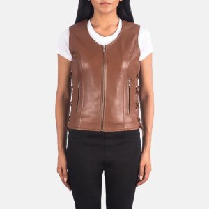 Vanda Brown Leather Biker Vests