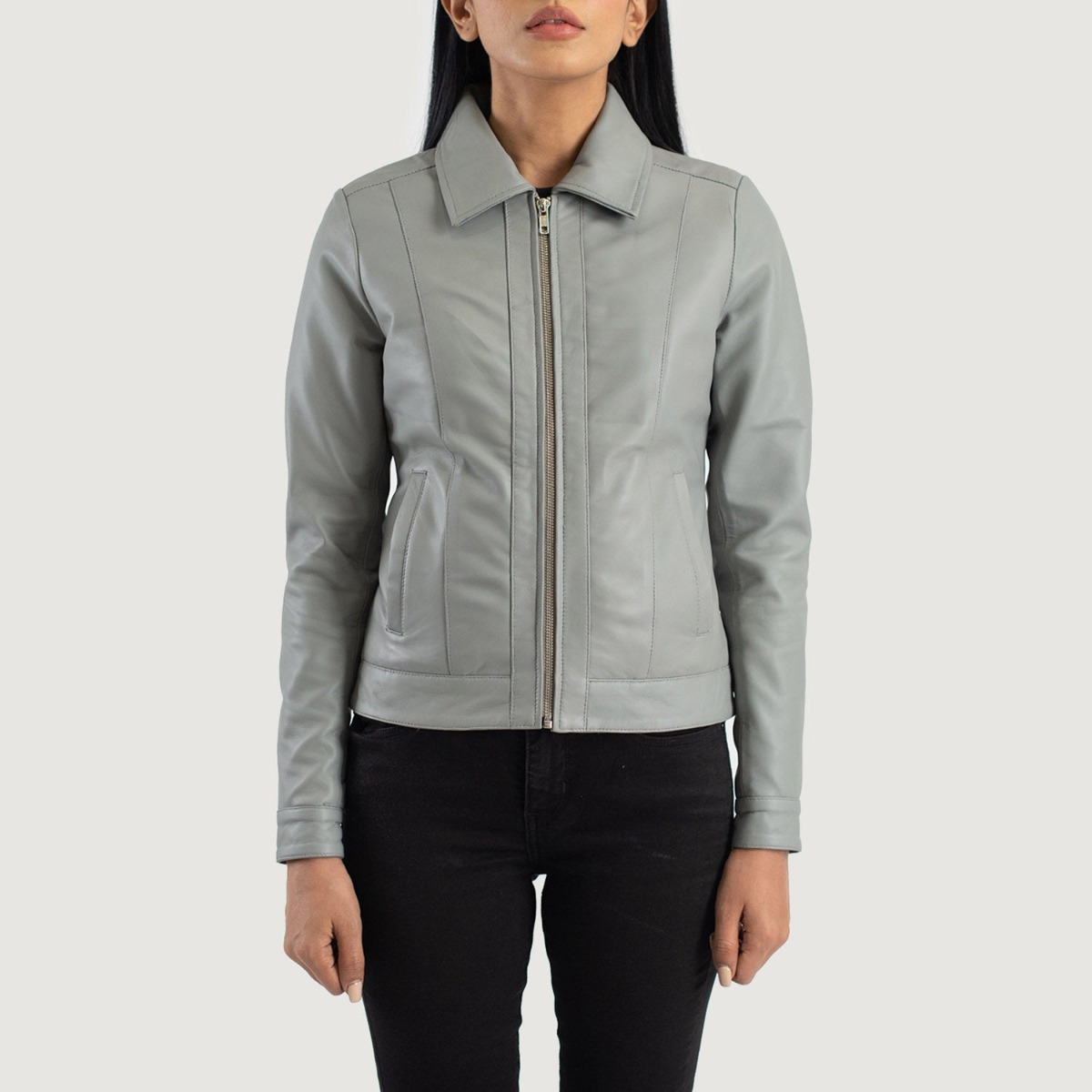 Vixen Grey Classic Collar Leather Jacket - Image 4