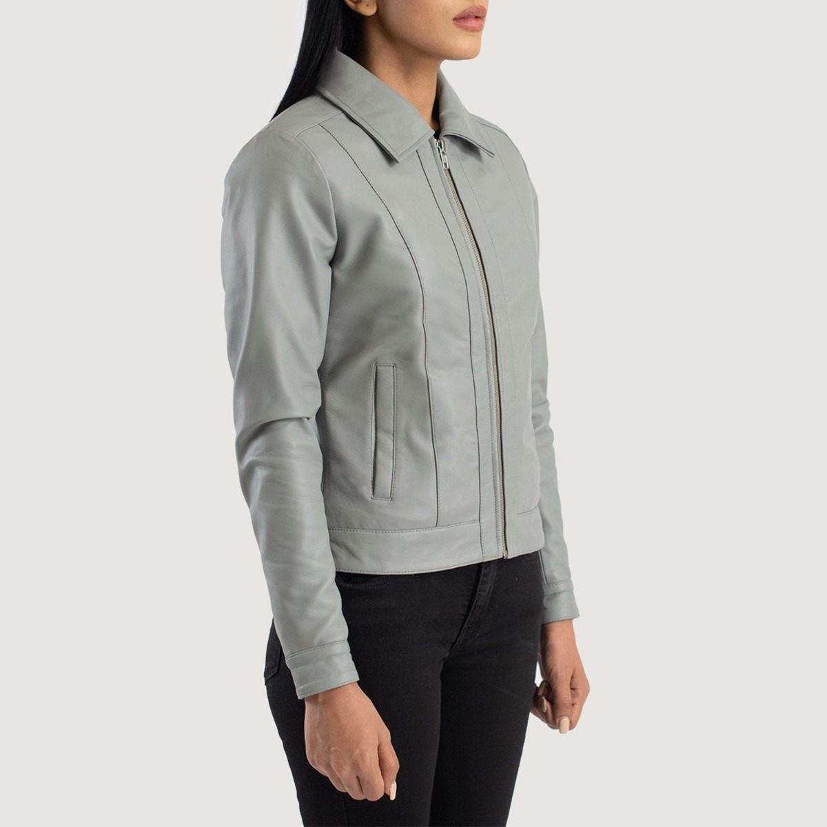 Vixen Grey Classic Collar Leather Jacket - Image 2
