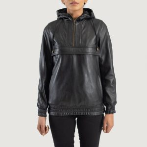Zest Black Hooded Leather Pullover Jackets