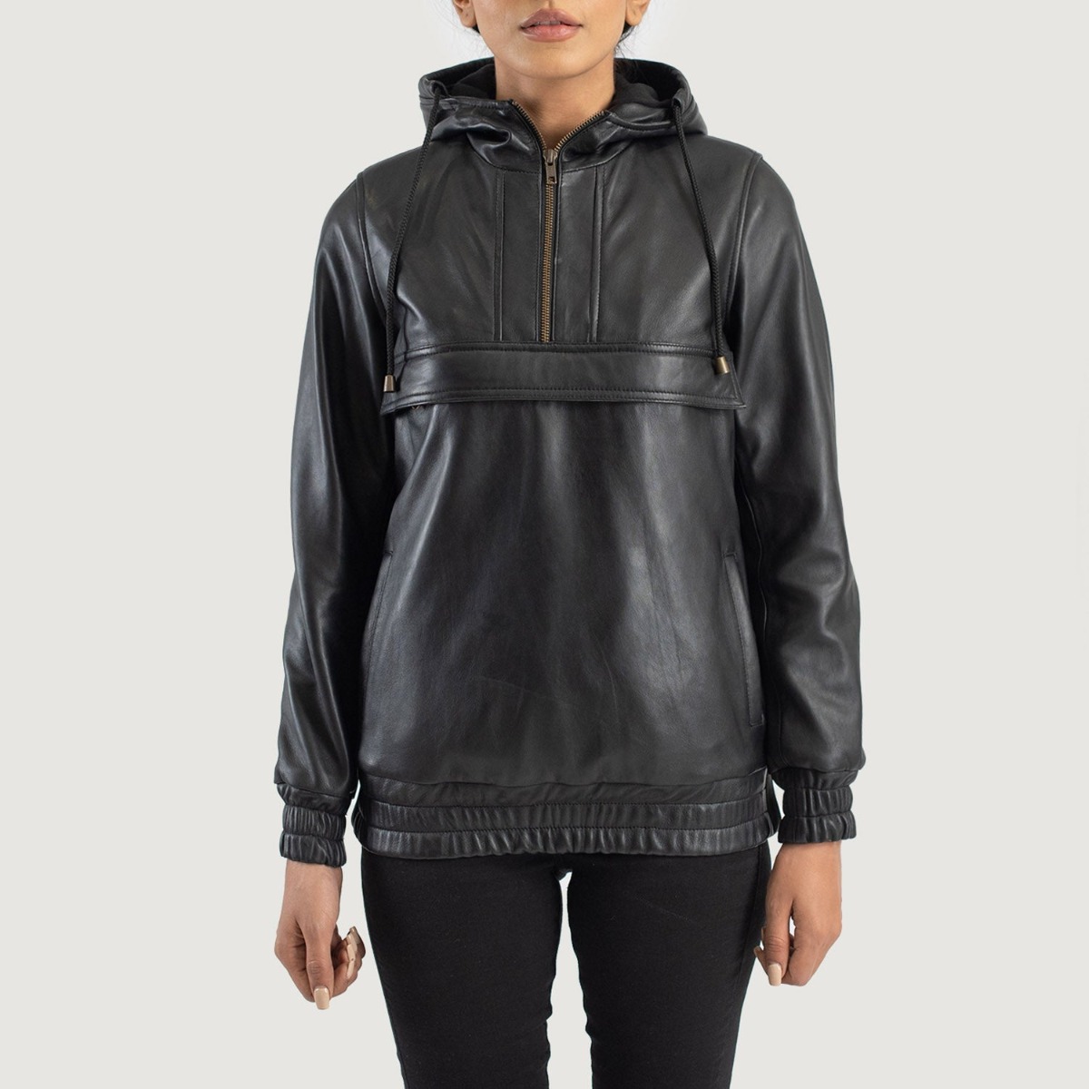 Zest Black Hooded Leather Pullover Jackets