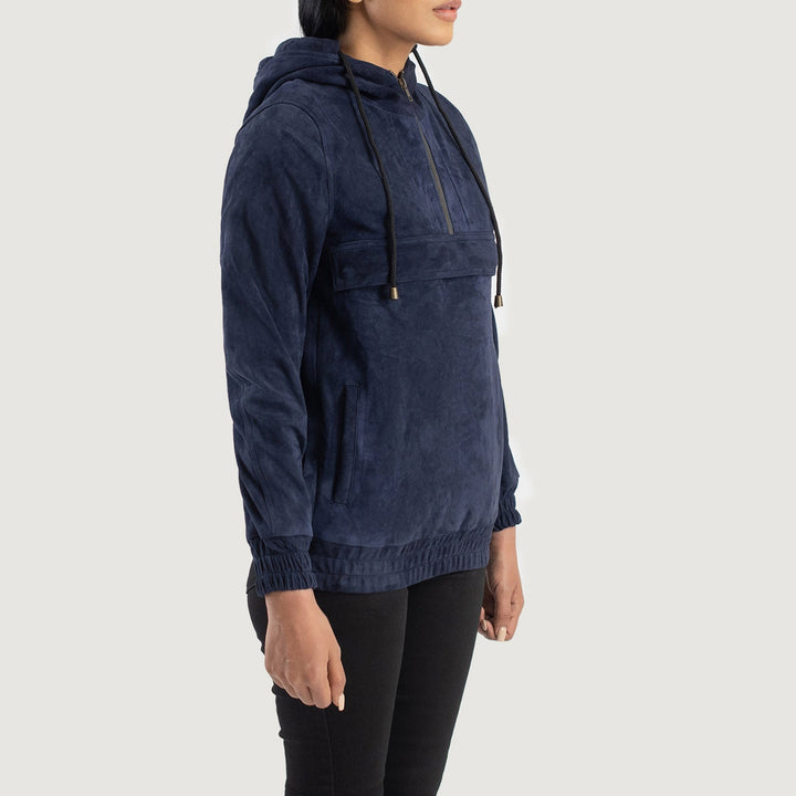 Zest Blue Hooded Suede Pullover Jacket - Image 3