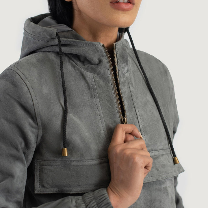 Zest Grey Hooded Suede Pullover Jacket - Image 4