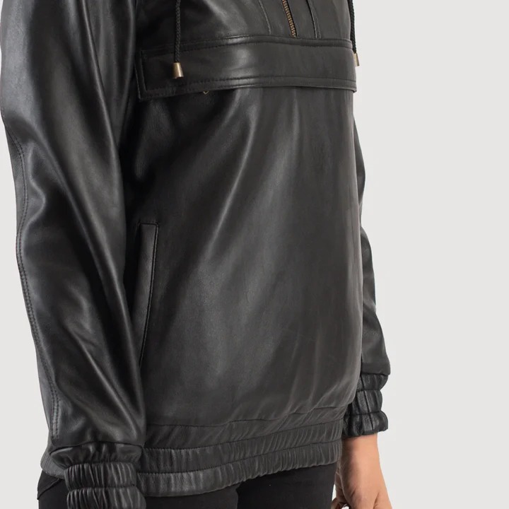 Zest Black Hooded Leather Pullover Jackets - Image 5
